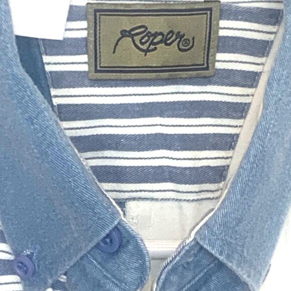 Vtg Roper Denim Chambray Button Down Shirt XL Blue White Color Block Patchwork - Picture 2 of 5